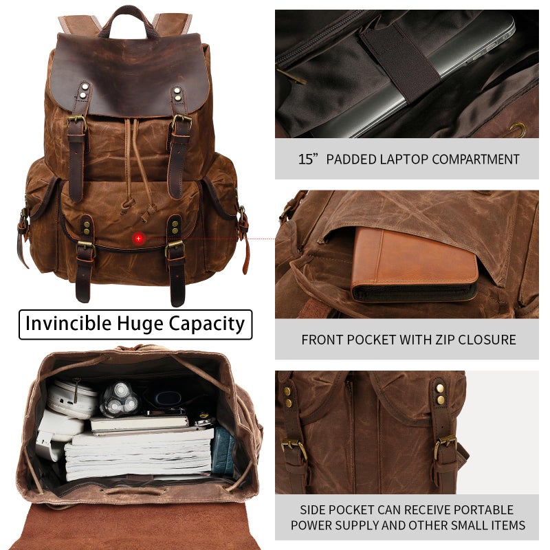 HuaChen Vintage Waxed Canvas Backpack with Genuine Leather Flap, Travel & Work Rucksack, Water-Resistant Daypack with Anti-Theft Pocket, Large (15.6"), M80 Brown - Image 2